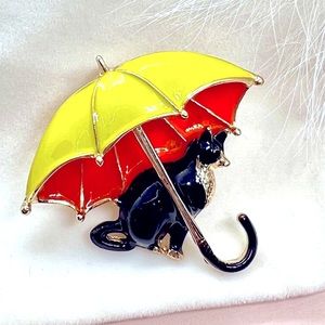 Black Cat with Yellow Umbrella Enamel Brooch  Cute Gift